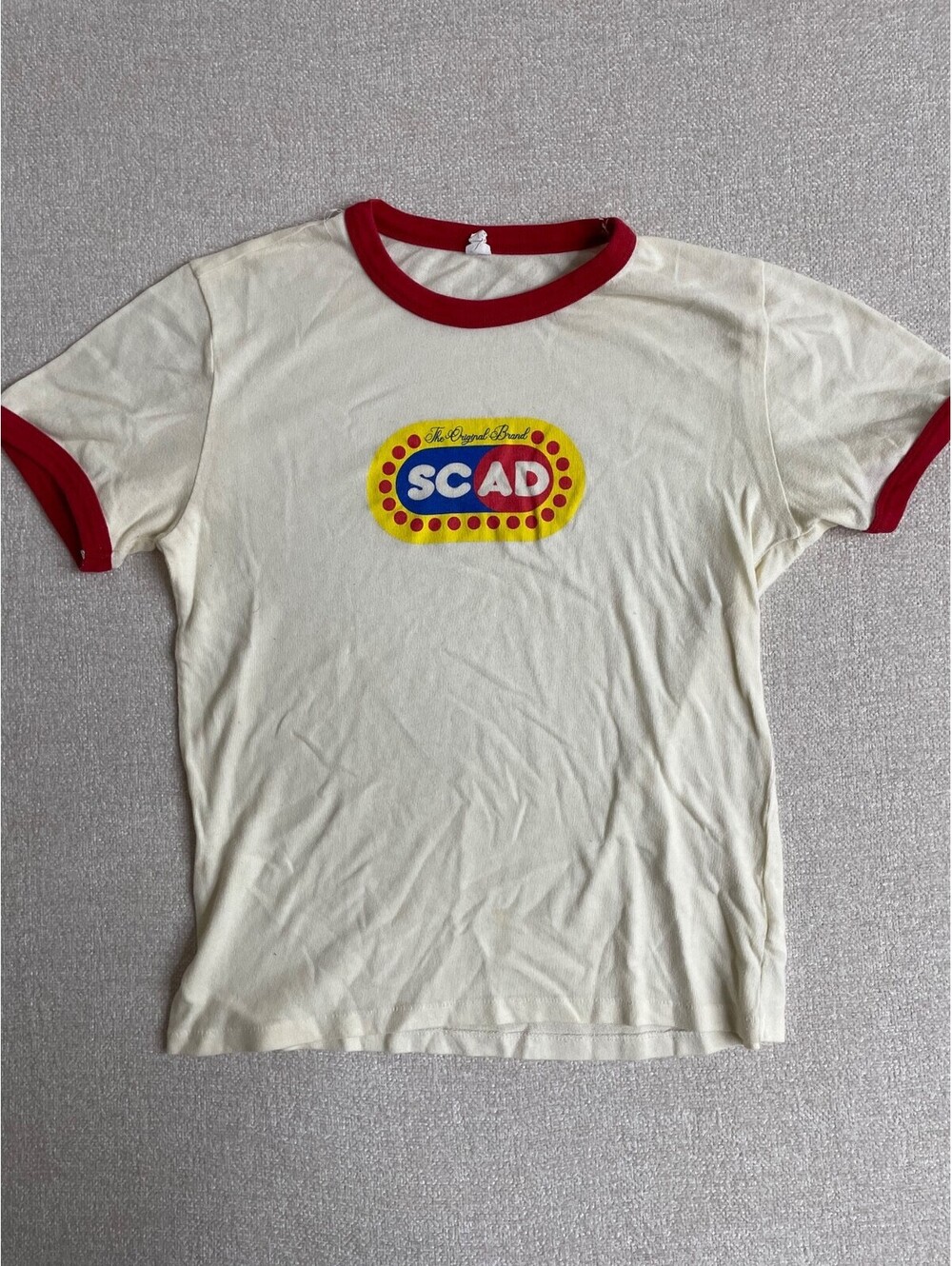 SCAD The Original Brand Ringer T-Shirt Cream Red Graphic Tee